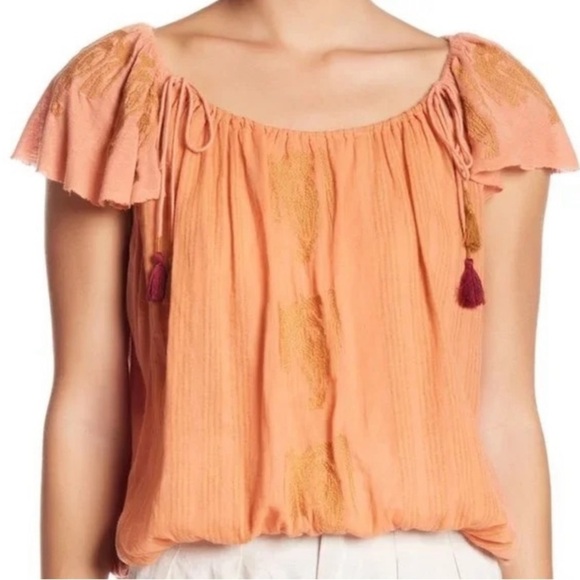 Free People Pukka Embroidered Peasant Top in Orange Tassel Detail - Picture 3 of 15